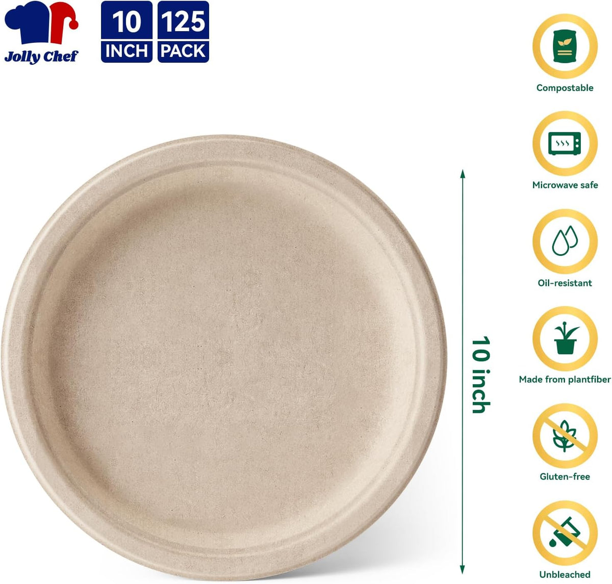 JOLLY CHEF Compostable Heavy Duty Plates 𝟭𝟬 𝗜𝗻𝗰𝗵 [𝟭𝟮𝟱 𝗣𝗮𝗰𝗸] Eco-Friendly Disposable