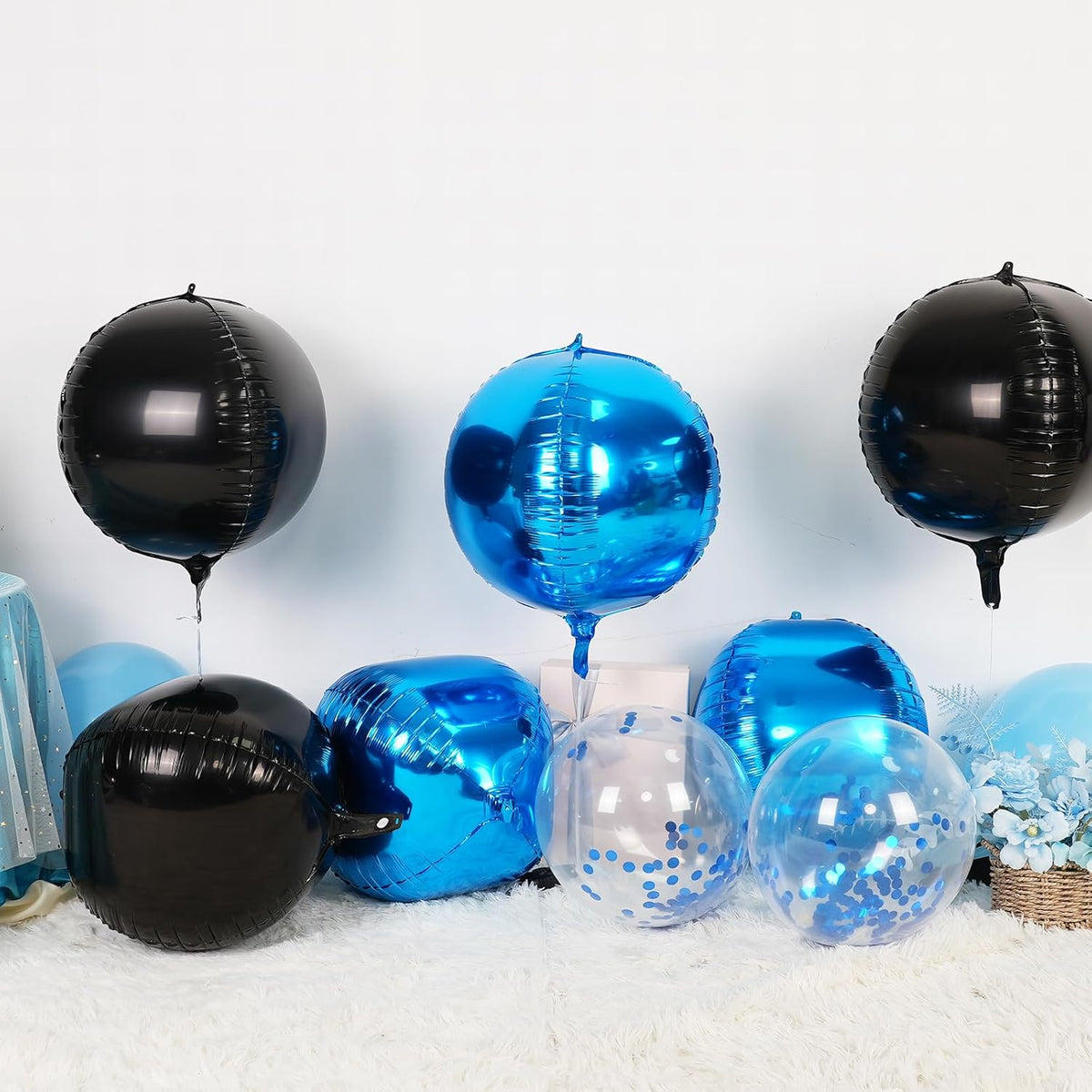 6Pcs Blue Black Round Foil Balloons,Giant 4D Round Ball Balloon,22 Inch Metallic Blue Black