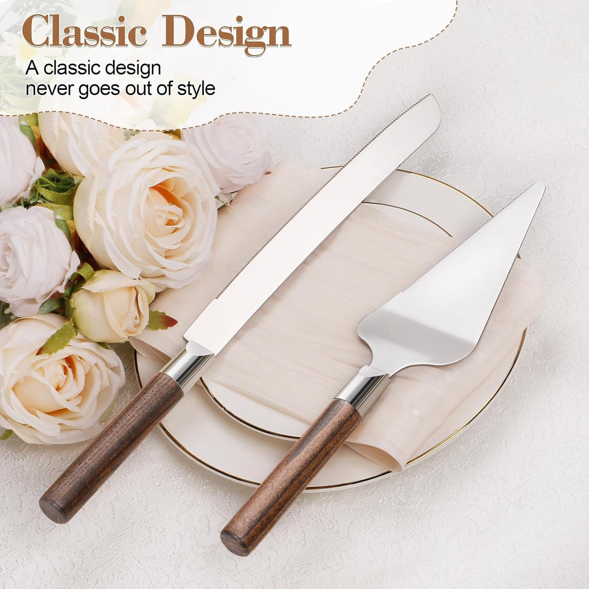 Cake Cutting Set for Wedding, Wood Cake Knife and Server Set, Vintage Pie Cake Cutter, Silver Pizza