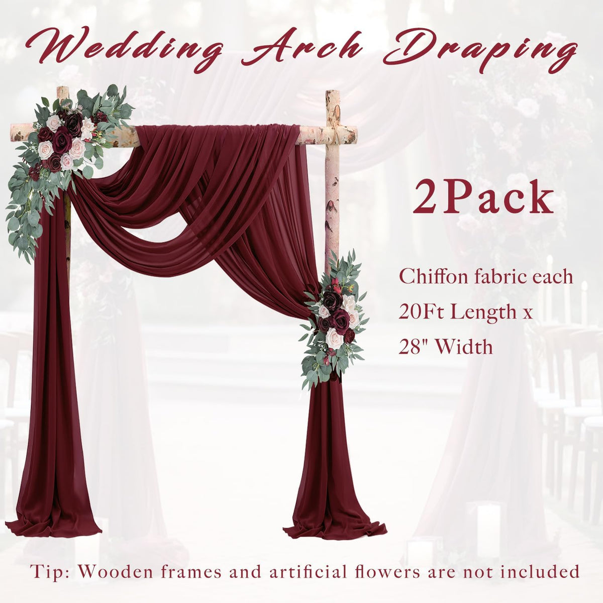 20Ft Length x 28" Width Wedding Arch Draping Fabric 2 Panels Burgundy Arch Drapes Chiffon Fabric