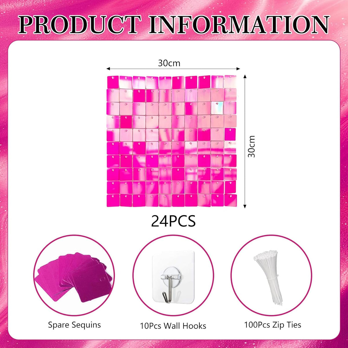 24PCS Colorful Pink Shimmer Wall Backdrop, Square Sequin Photo Backdrops Panel, Glitter Wall
