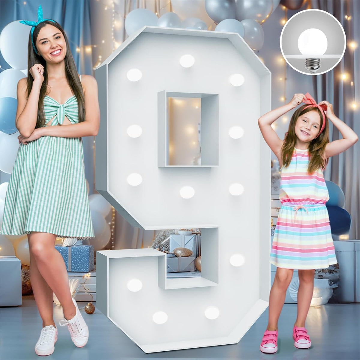4FT Marquee Light Up Numbers - Cool White Light Up Numbers 9 with Fixed Water Bag, Party Decoration