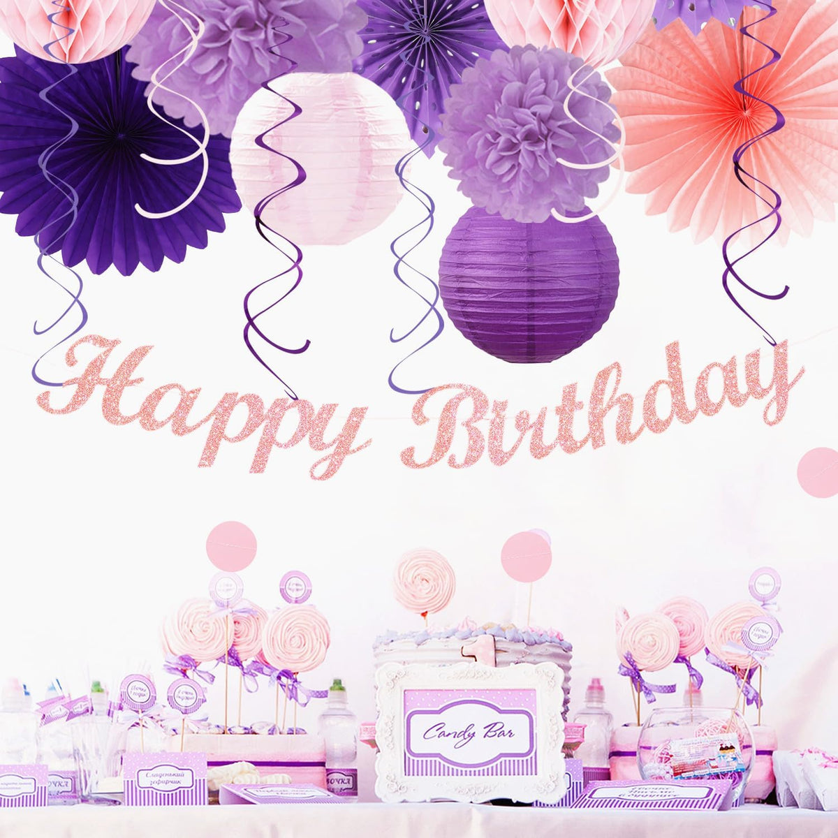 Purple Lilac-Lavender Pink Women Birthday Party-Decorations - 21pcs Happy Banner,Paper Lanterns