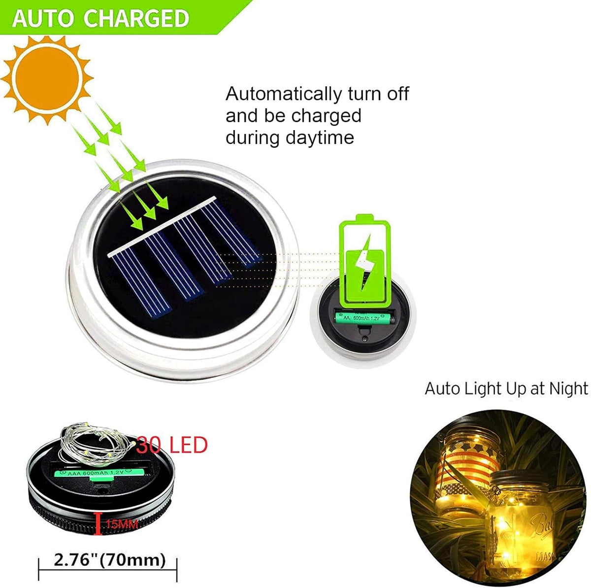 6 Pack Solar Mason Jar Lights for Outside, 30 LED Solar Mason Jar Lids Fairy Lights with 6