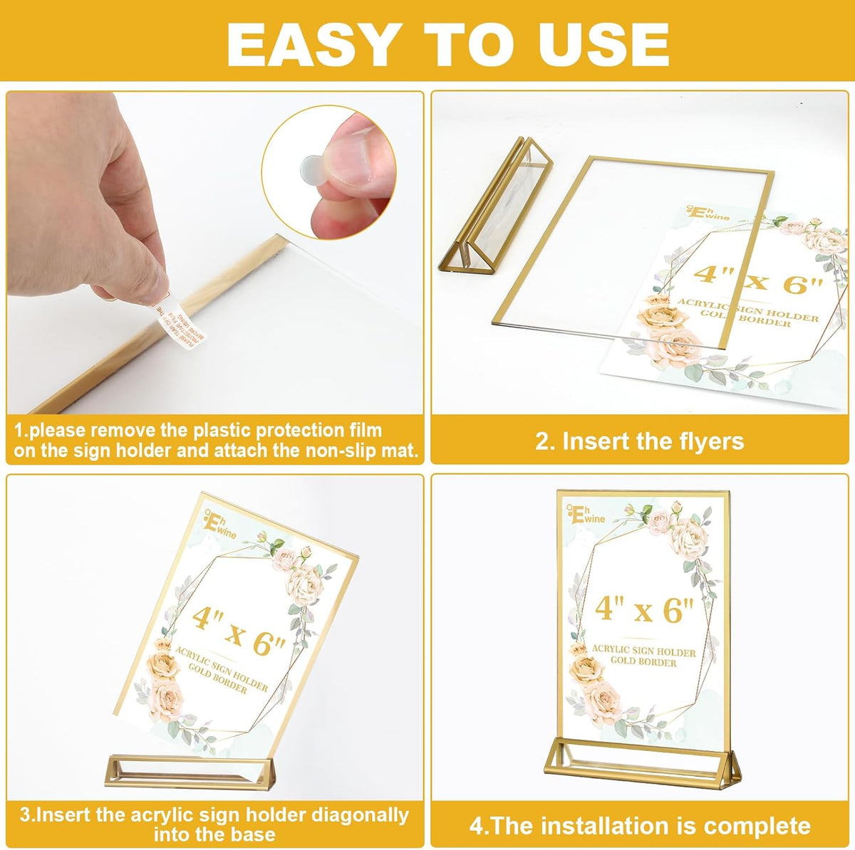 EHWINE 2 Pack Acrylic Sign Holder 4 x 6, Double Sided Gold Picture Frame Stand up Table Top Sign