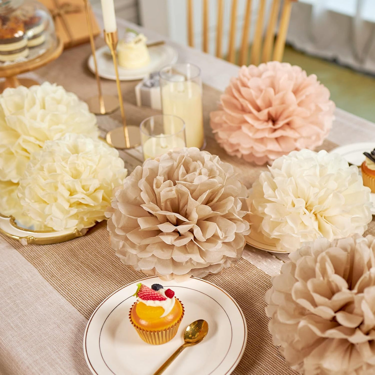 EASY JOY Boho Tissue Pom Poms Paper Flowers Hanging Decorations Brown Beige Party Decor for Bridal