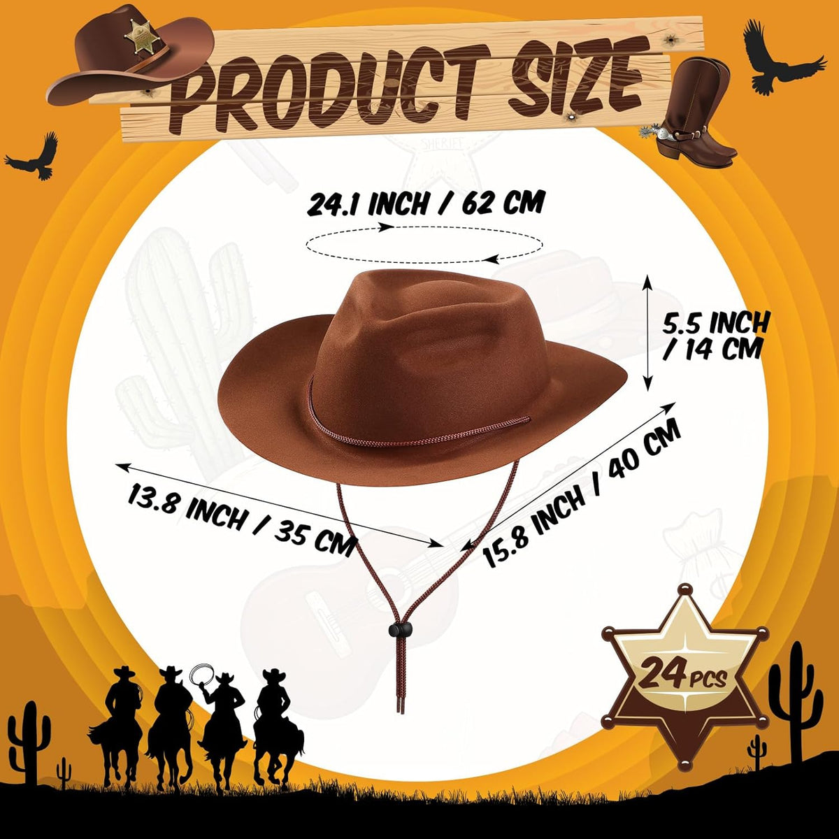 Mepase 24 Pieces Disposable Plastic Western Cowboy Hat Set Felt Wide Brimmed Cowgirl Hats for Men