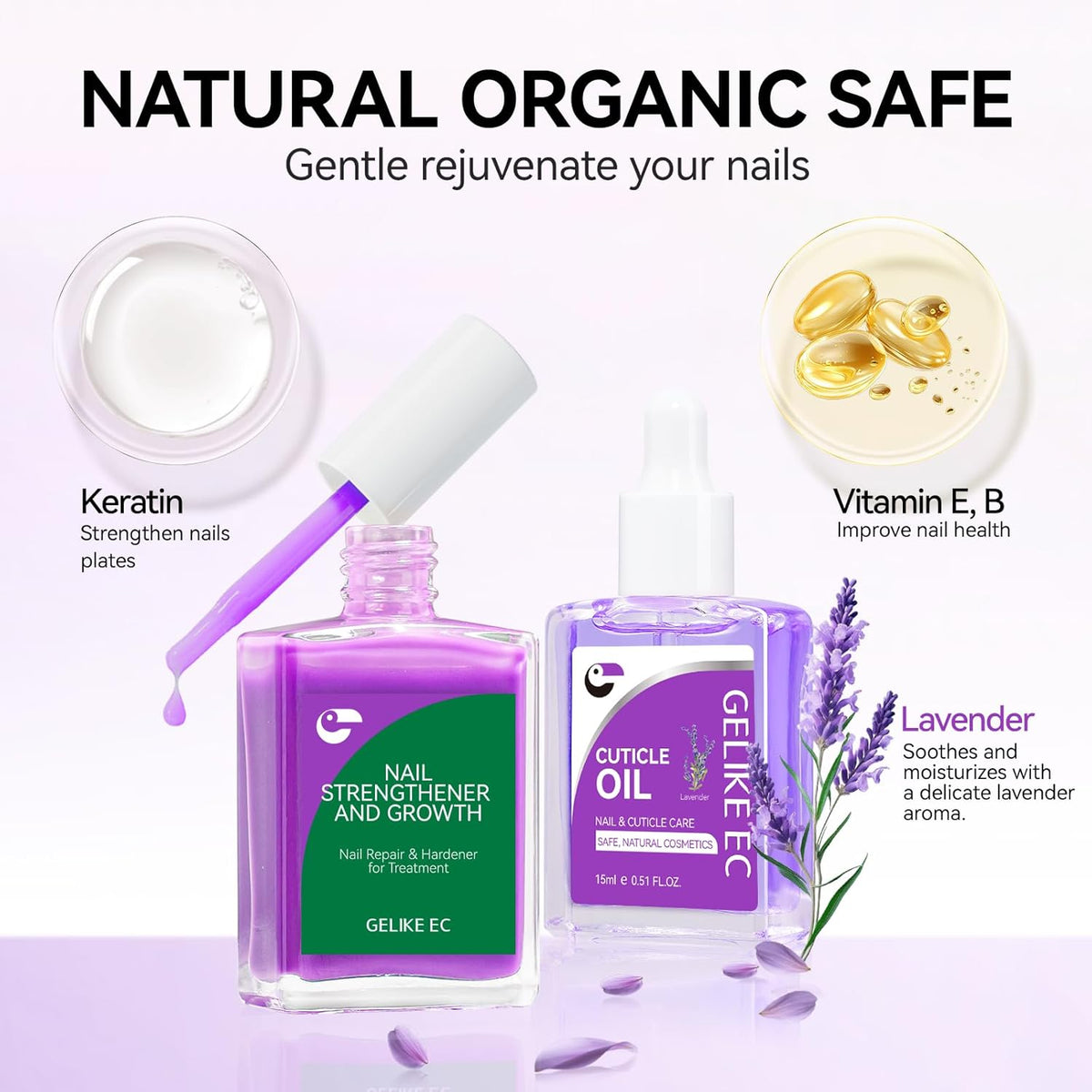 Gelike EC Nail Kit for Beginners: Purple Easy-Use nail polish strengthener & Lavender Oil for Thin