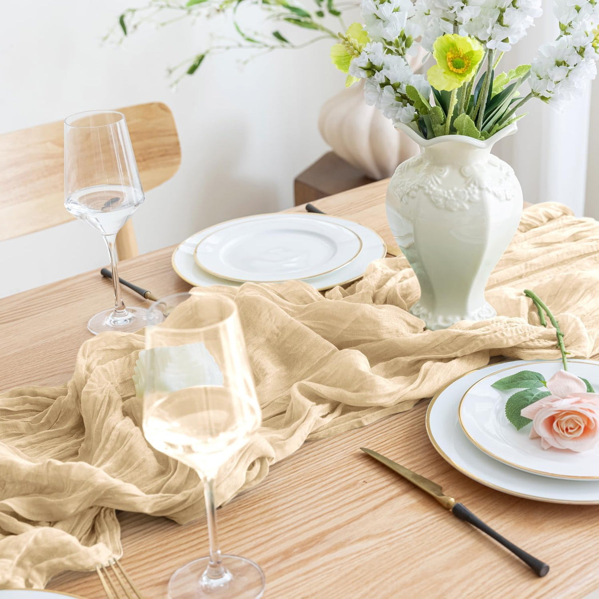 Asee'm Cheesecloth Table Runner 120 Inches Long Sand Boho Gauze Cheese Cloth Runner 10FT Rustic
