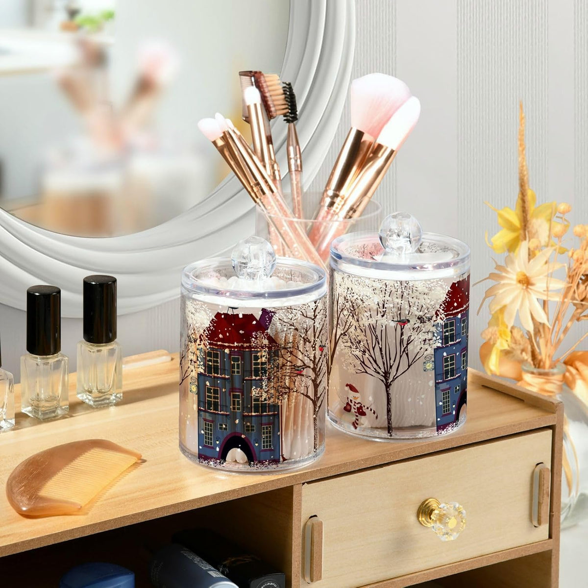 Gredecor Christmas Winter Qtip Holder Dispenser 2 Pack Snowmen Snow Courtyard with Trees Bathroom