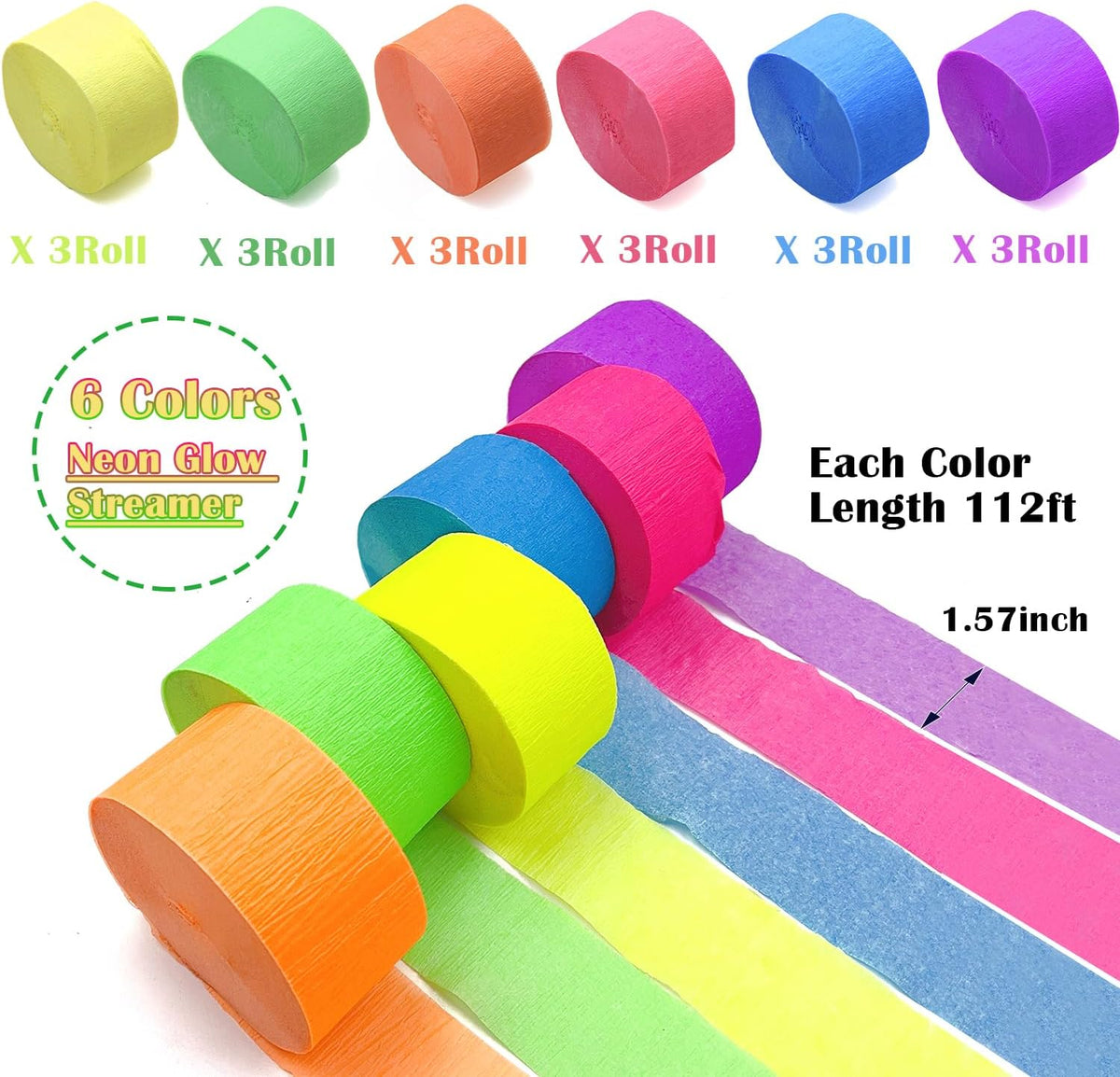 2016 feet Glow Party Neon Streamer Decorations Glow Crepe Paper Streamers UV Reactive Fluorescent