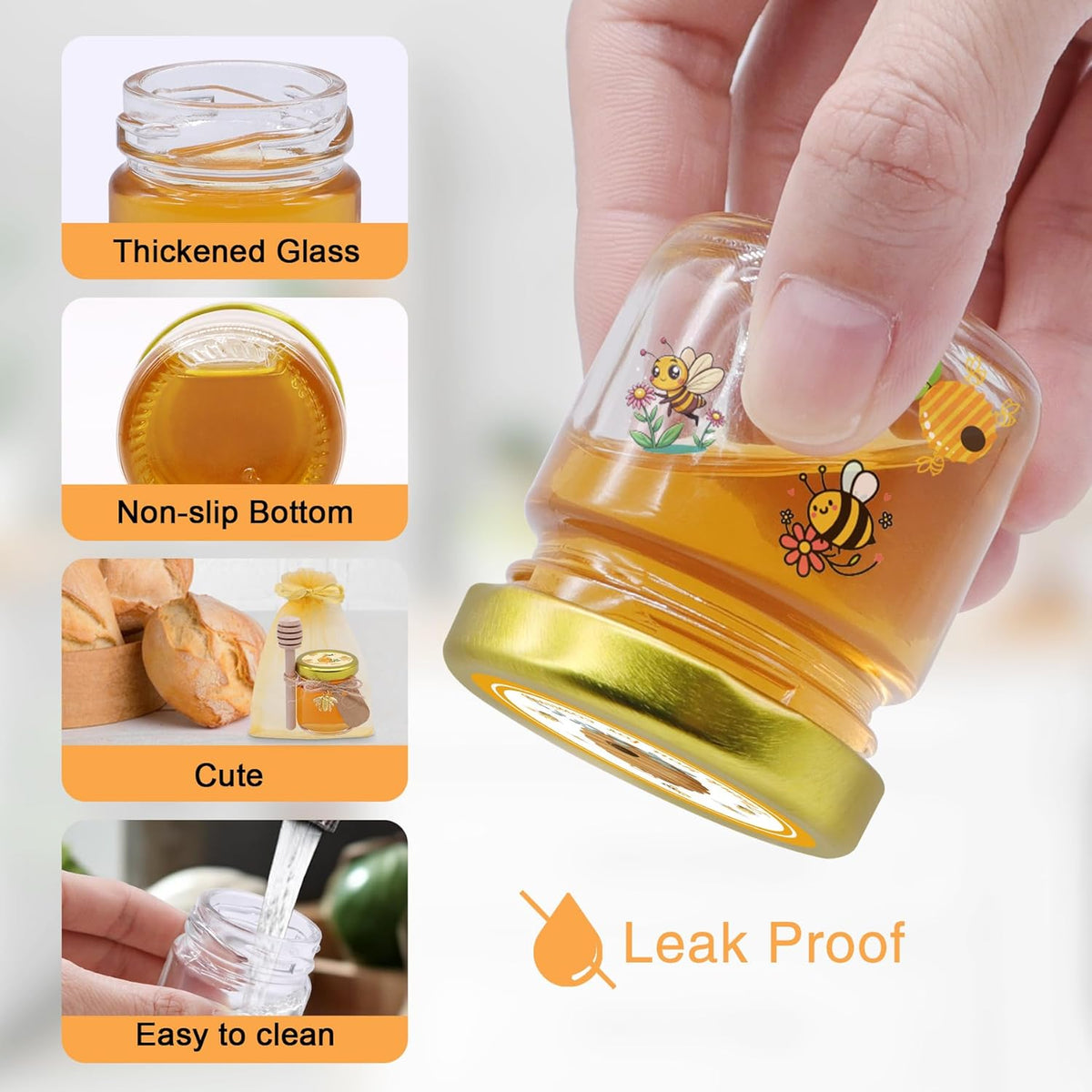 126 Pcs 1.5 oz Mini Round Glass Honey Jars with Dippers, Gold Lids, Bee Stickers, Bee Charms, Gift