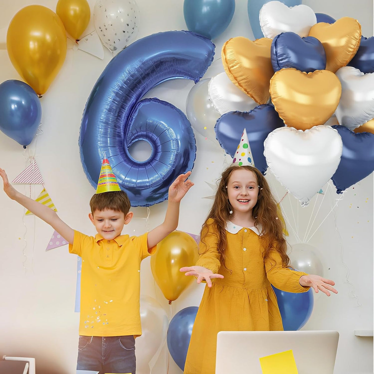 Blue Gold Silver Heart Balloons,12Pcs 18Inch Metallic Blue Gold Silver Heart Shaped Foil Helium