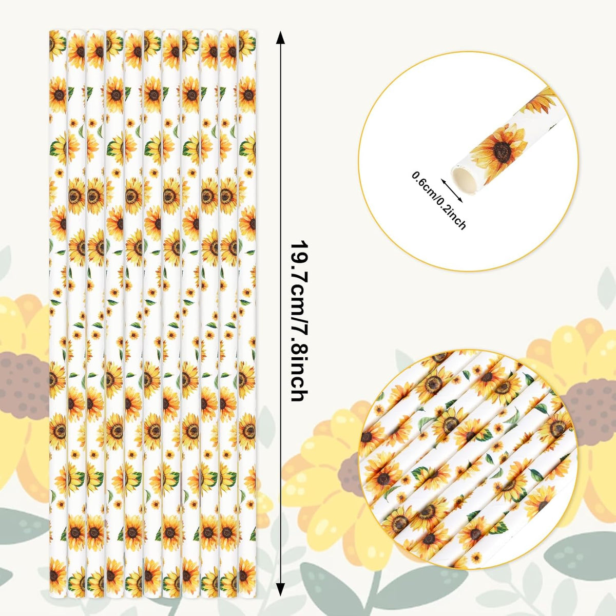 200Pcs Sunflower Paper Straws Watercolor Yellow Floral Disposable Drinking Straws Summer Party