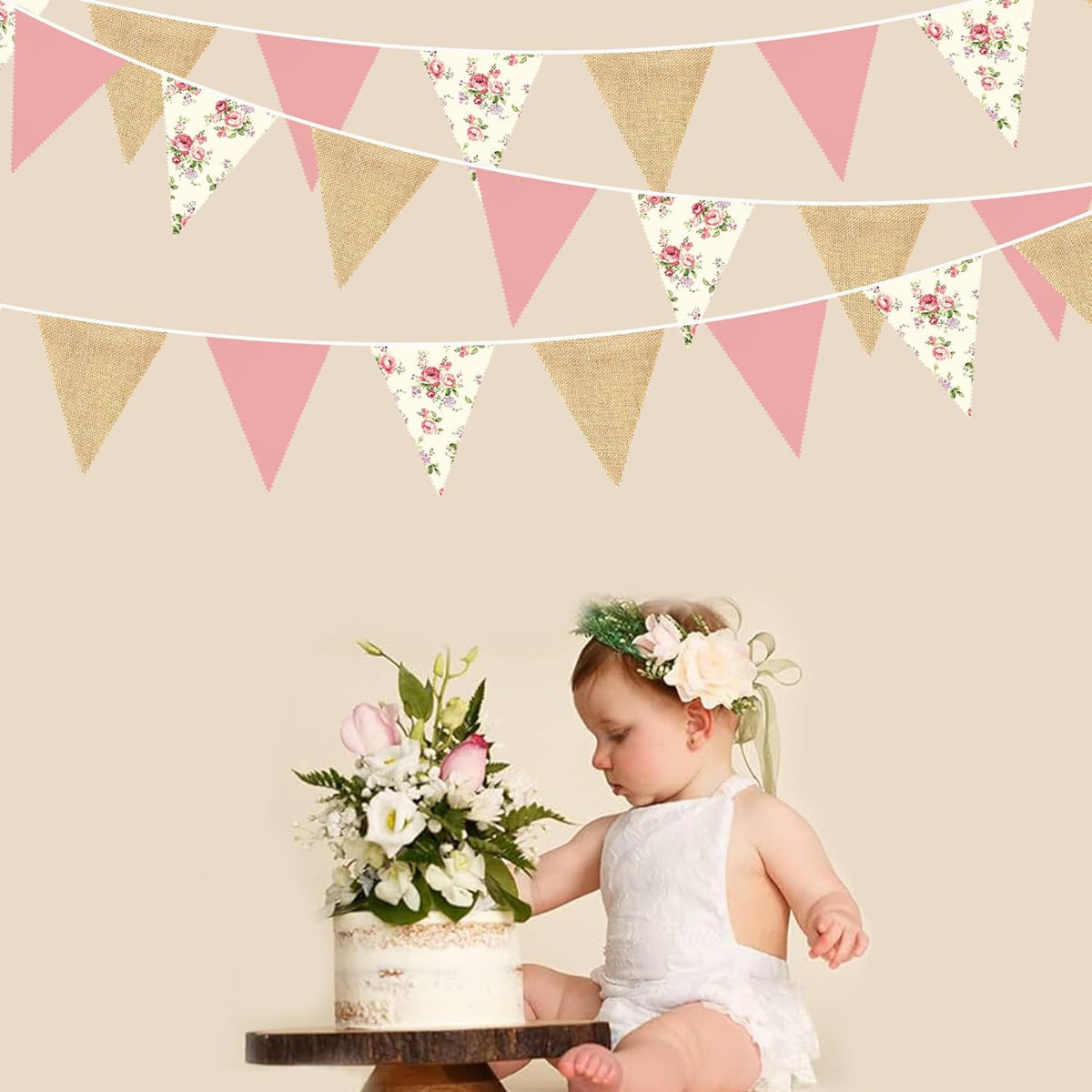 32Ft Flora Party Decorations Blush Rose Pink Burlap Flora Triangle Flag Fabric Banner Pennant