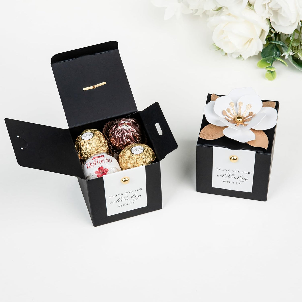FEIYI 20 PCS Candy Boxes, 3 In 1 Black Favor Boxes with Floral Decor, White Thank You Tags Gift