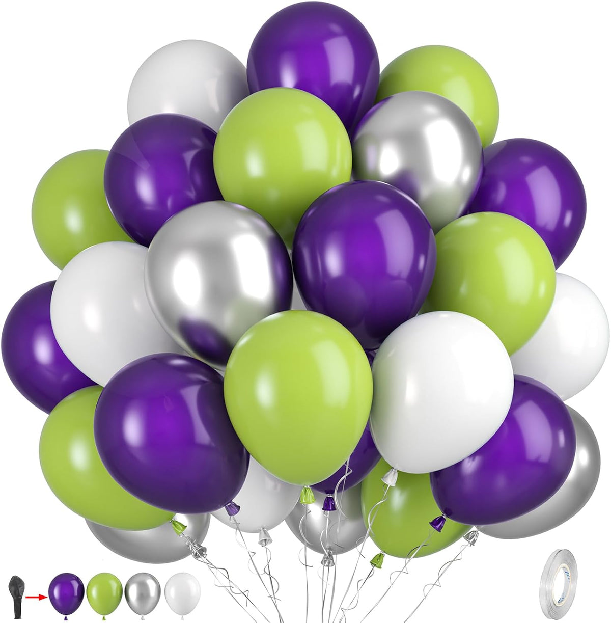 Green Purple White Balloons, 50pcs Green Purple Silver Balloons, Silver White Purple Balloon for