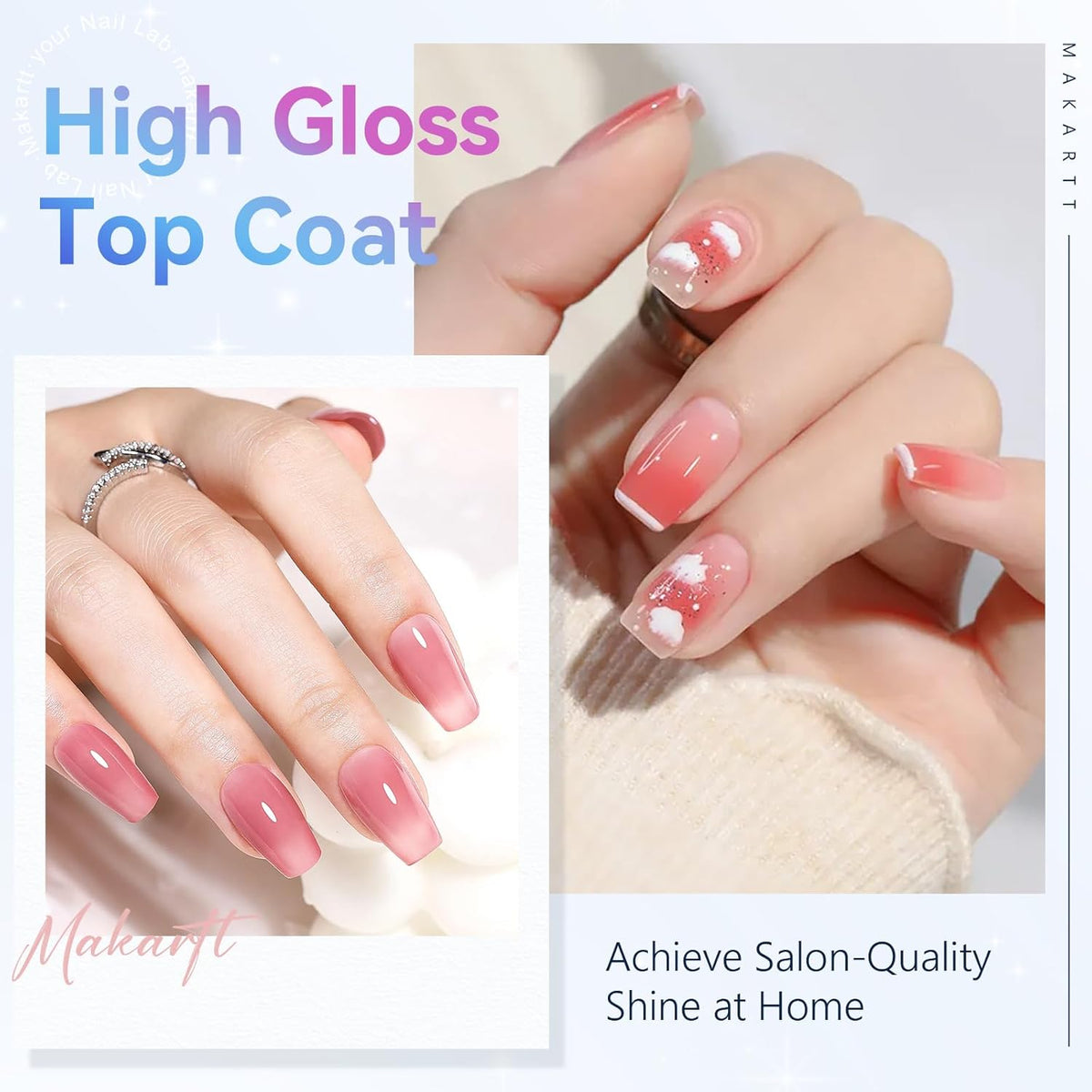 Makartt Gel Top Coat - 2 PCS No Wipe Top Coat Gel Nail Polish High Glossy Shine Finish Long