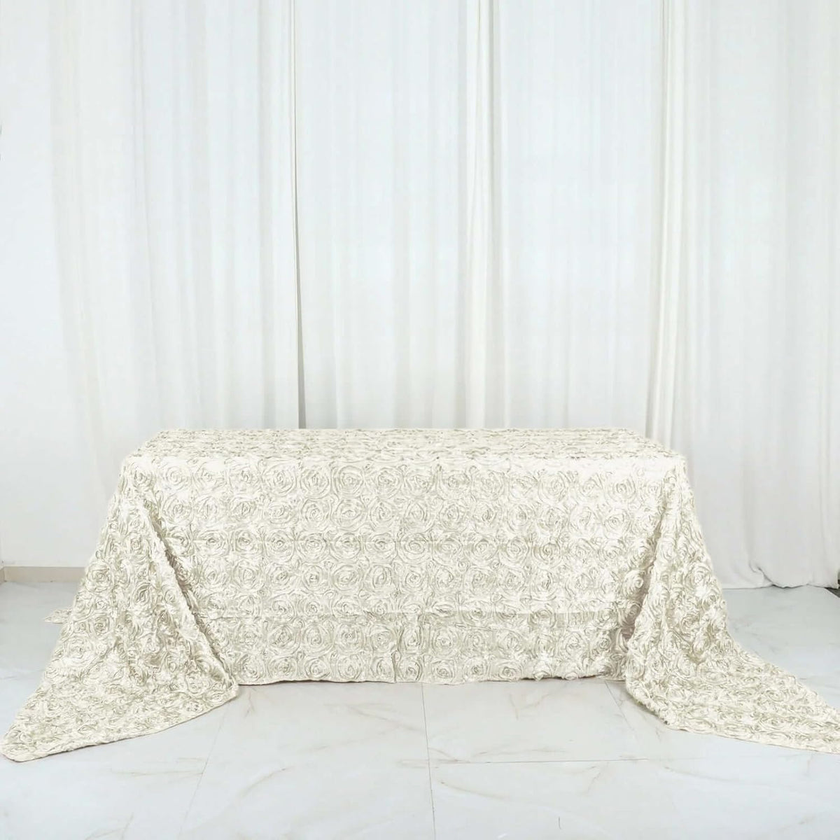 Efavormart 90"x156" Wholesale Rectangle Table Cover Ivory Grandiose Rosette 3D Satin Tablecloth for