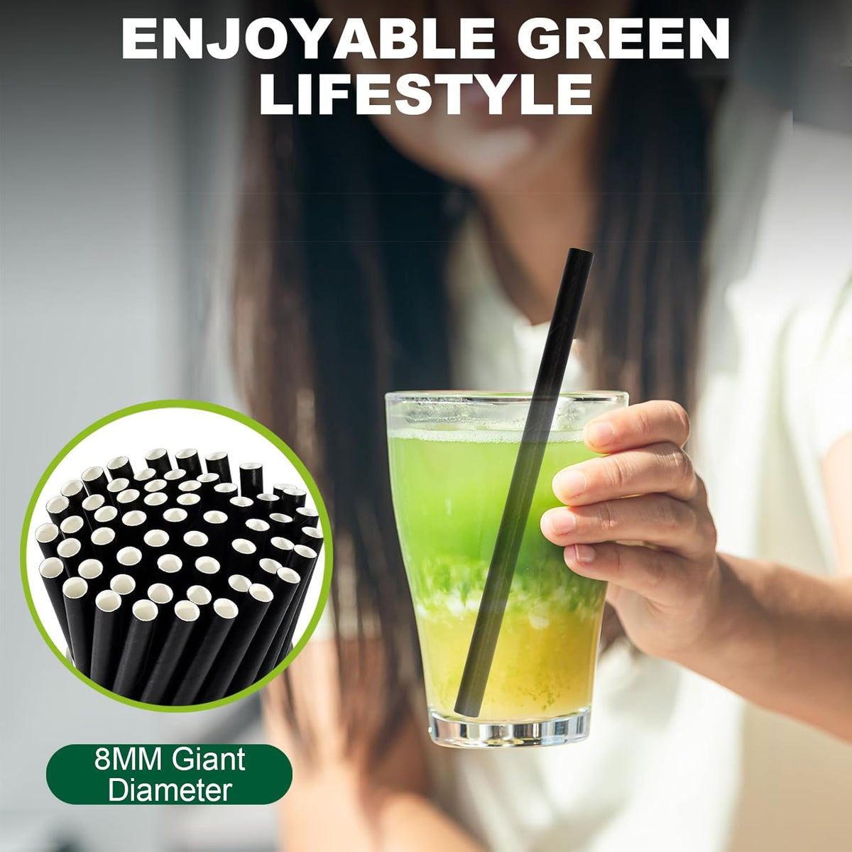 5.75 inch 8mm Wide Short Black Paper Drinking Straws Disposable for Lowball Glasses, Blended