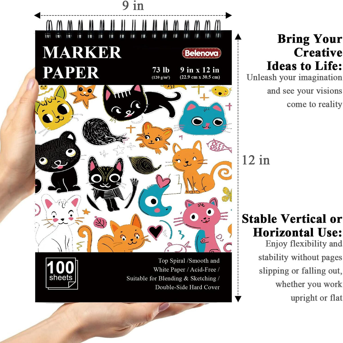 Belenova 9" x 12" Marker Paper Pad, 100 Sheets Bleedproof Sketchbook for Alcohol Markers