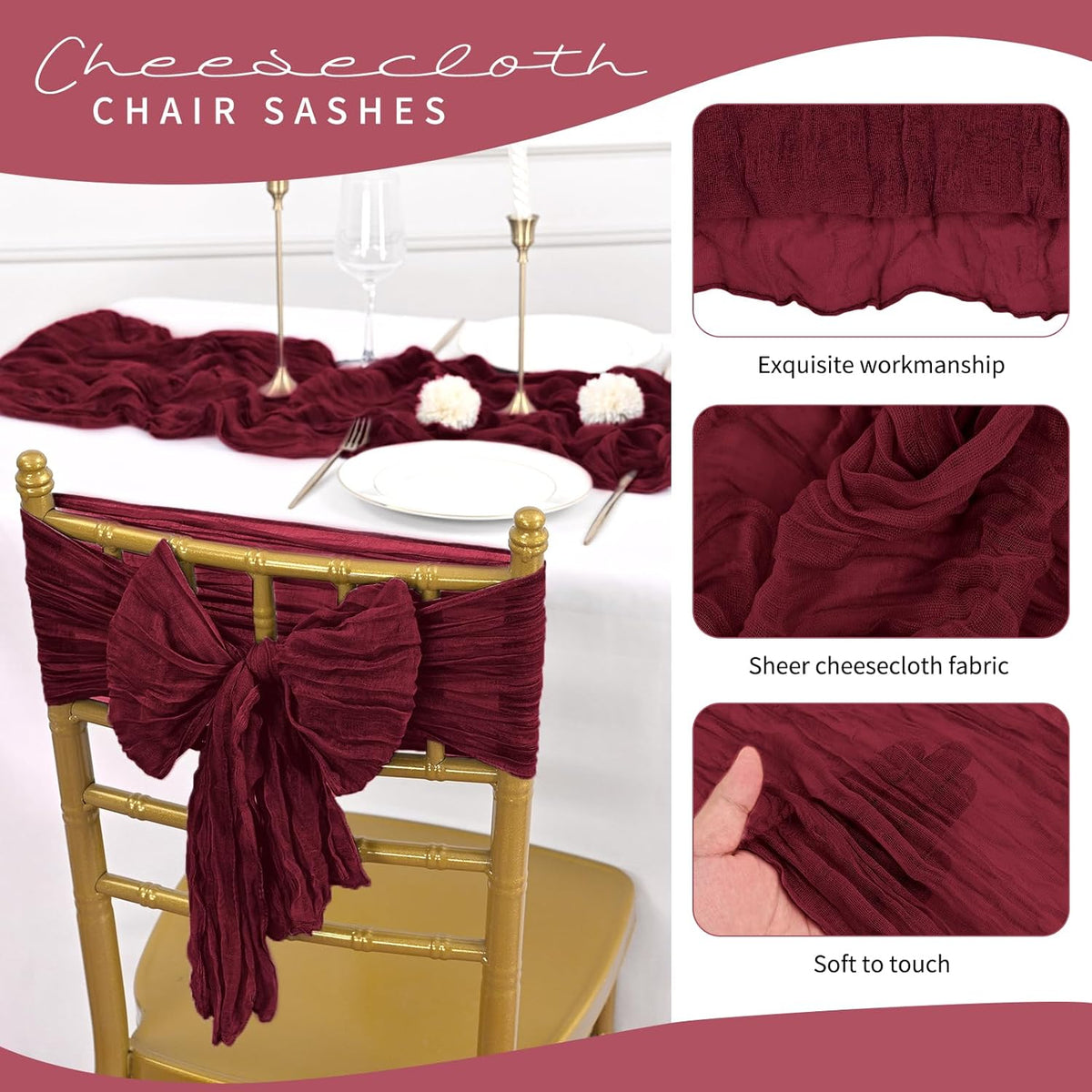 50 PCS Cheesecloth Chair Sashes, Bows Designed ChairSashes, 15.7x70 inch Chair Sashes for Aisle