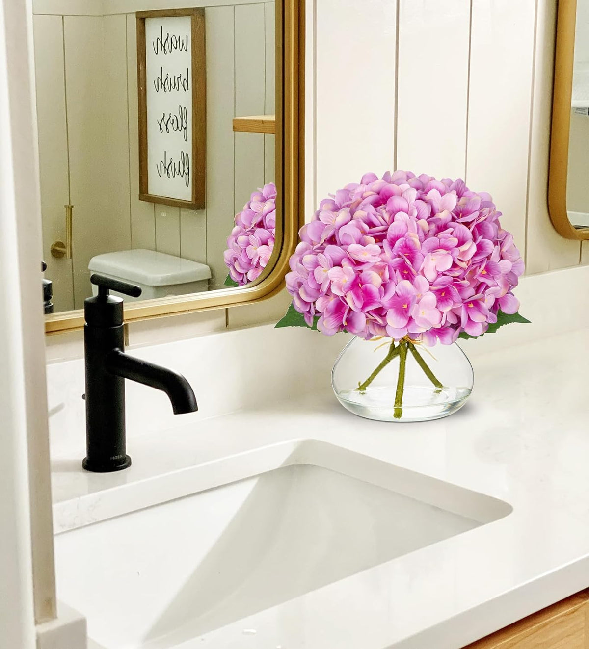 Hollyone Hydrangea Artificial Flowers with Glass Vase Purplish Pink Silk Faux Flowers Arrangements