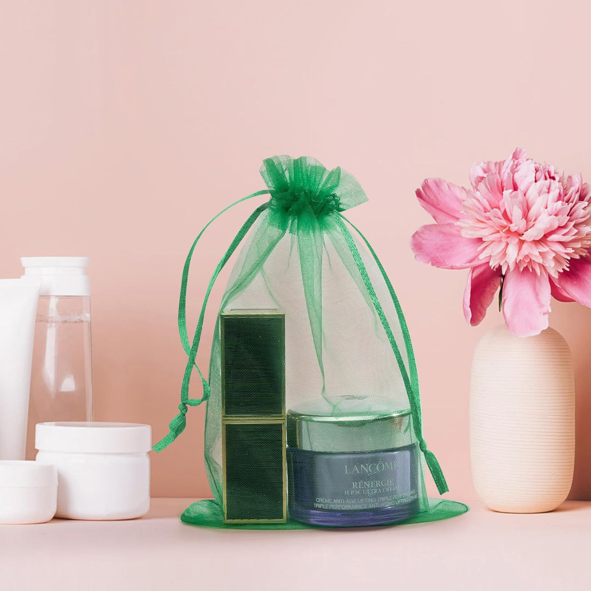 50 Pcs 4x6 Inch Green Mesh Bags, Organza Bags with Drawstring Small Mesh Pouch for Christmas Gift