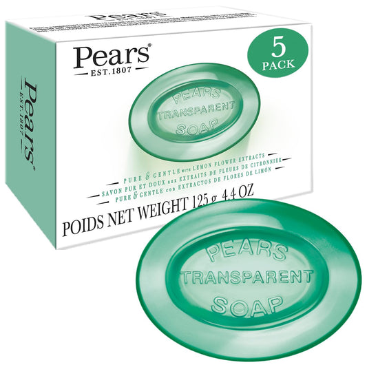 Pears Soap, Pure & Gentle with Lemon Flower Extracts, 5-Pack – Transparent Green Glycerin Soap for