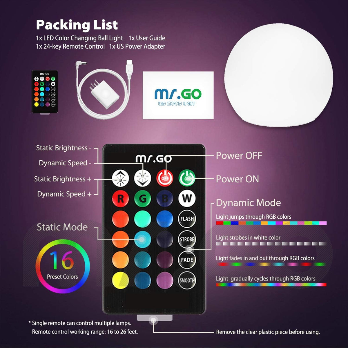 Mr.Go 20-inch Rechargeable LED Ball Light, Waterproof Outdoor Globe Lights w/Remote, 16 RGB Color