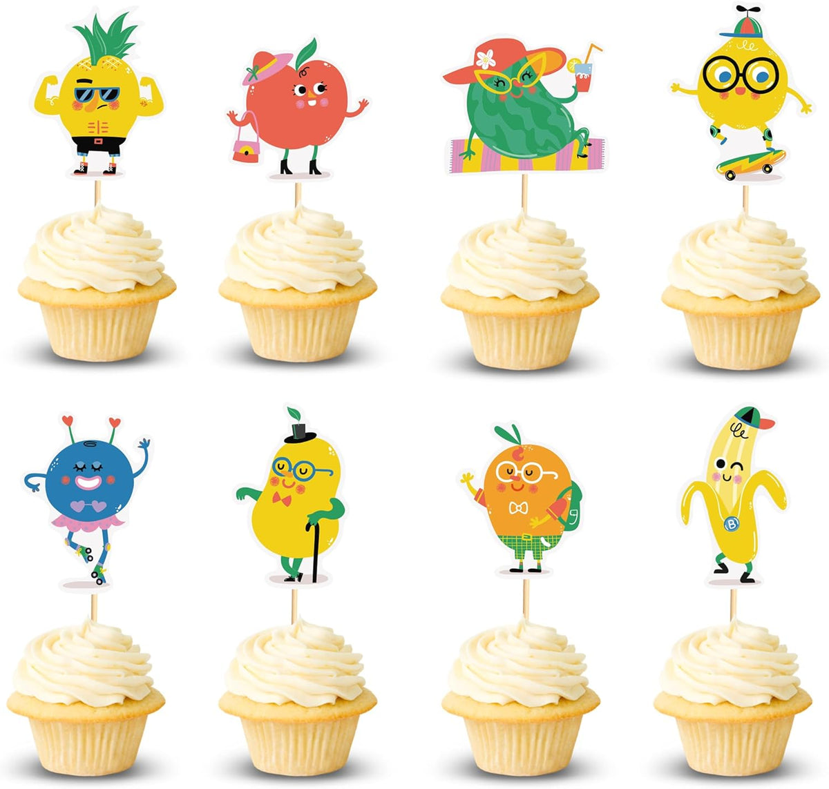 24pcs Fruit Cupcake Toppers Anthropomorphic Fruit Theme Kawaii Watermelon Apple Banana Lemon