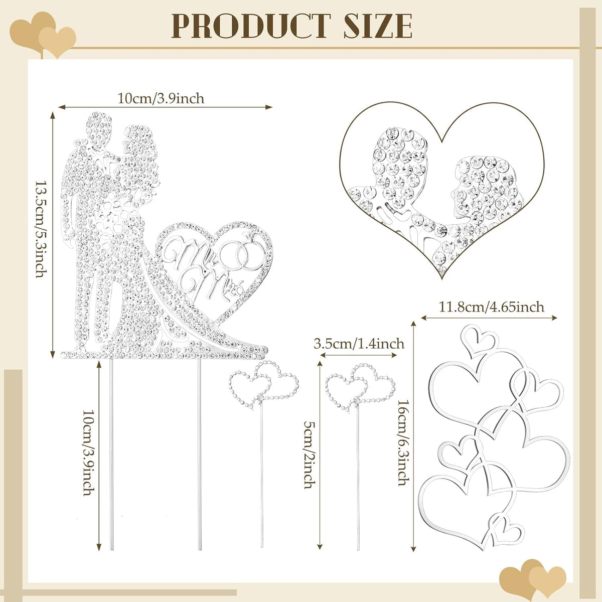 Spiareal 4 Pcs Wedding Cake Topper Mr and Mrs Rhinestone Bride and Groom Love Cake Topper Metal