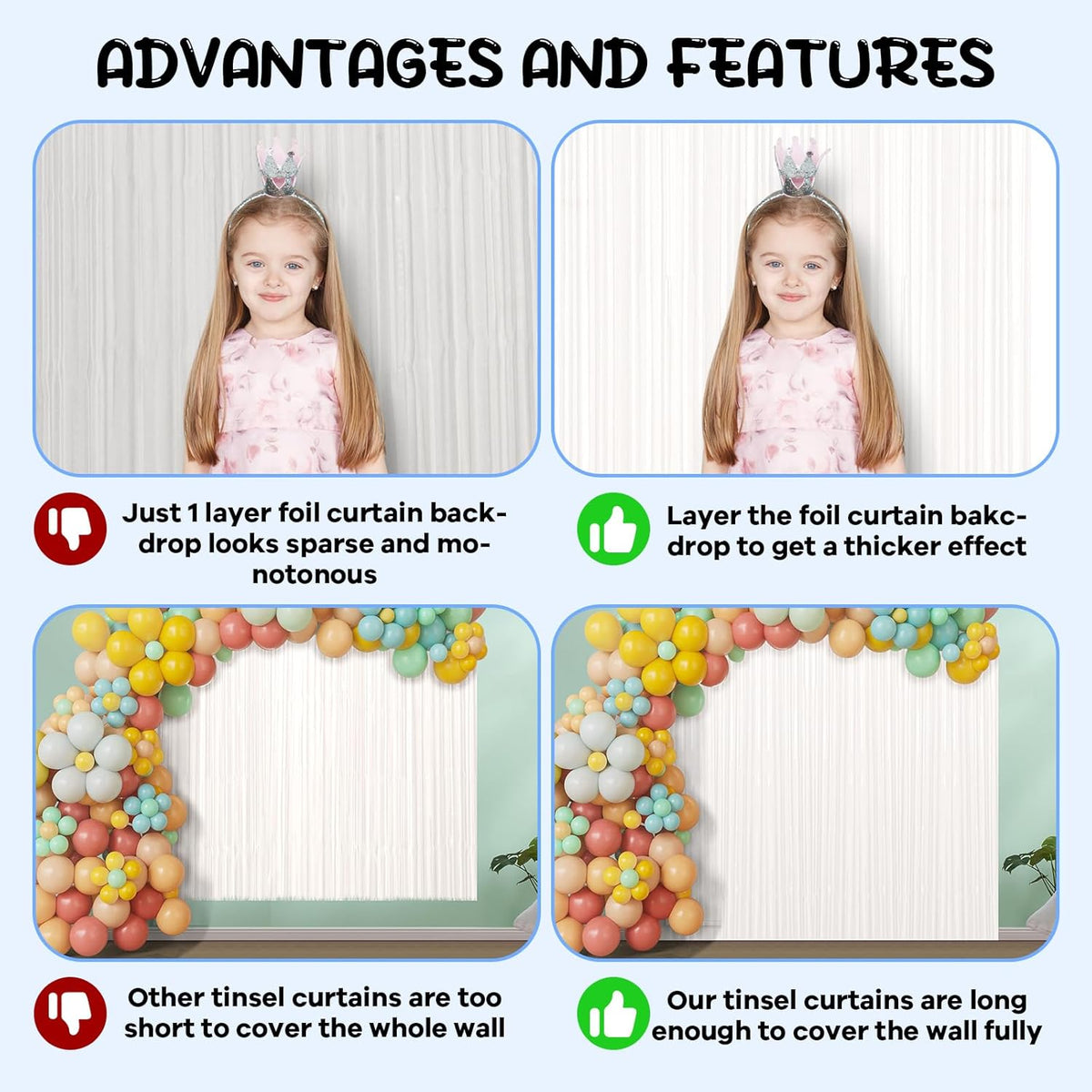 2 Pack White Foil Fringe Backdrop Curtains, Tinsel Streamers Birthday Party Decorations, Fringe