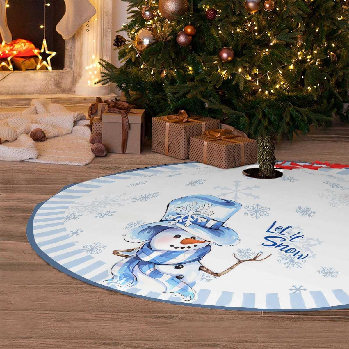 Let It Snow Snowman Christmas Tree Skirt 48 Inches, Blue Snowflake Tree Skirt, Winter Xmas Tree Mat