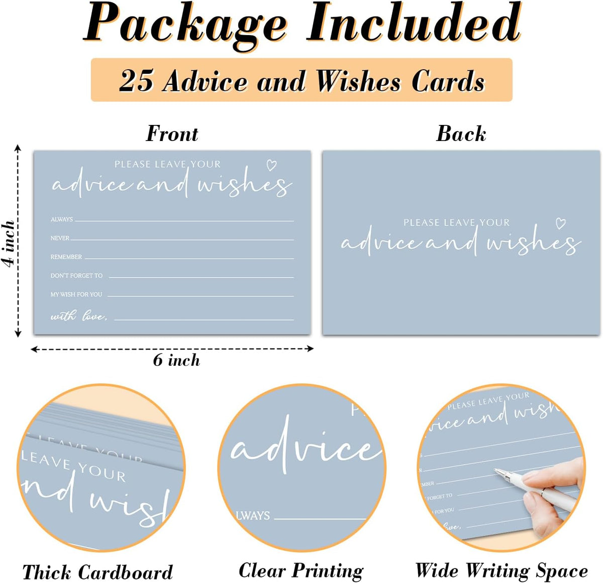 25 Advice and Wishes Cards, Minimalism Blue Fill-In Advice Cards for Bridal Shower Wedding Birthday
