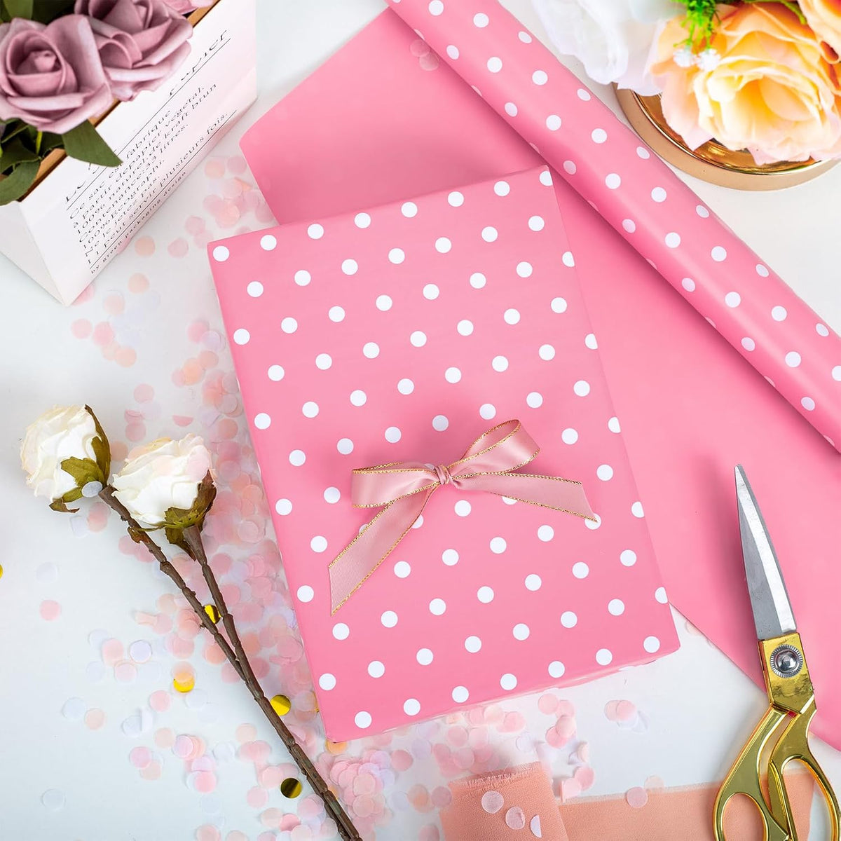 Flyhill Pink Wrapping Paper Roll,Reversible Gift Wrap Paper with Polka Dot Design for