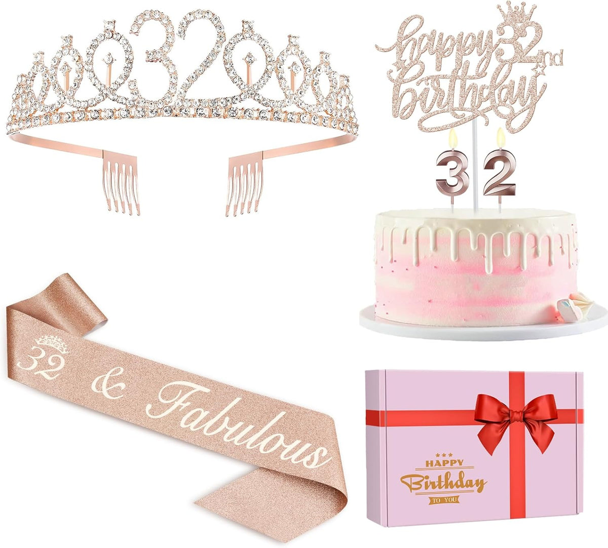 32 Birthday Decorations for Women Including Birthday Sash, Crown/Tiara, Candles and Cake Topper, 32