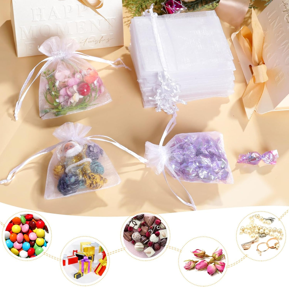 100Pcs White Organza Bags, 2x3Inch Sheer Wedding Party Favor Bags with Drawstring, Jewelry Gift
