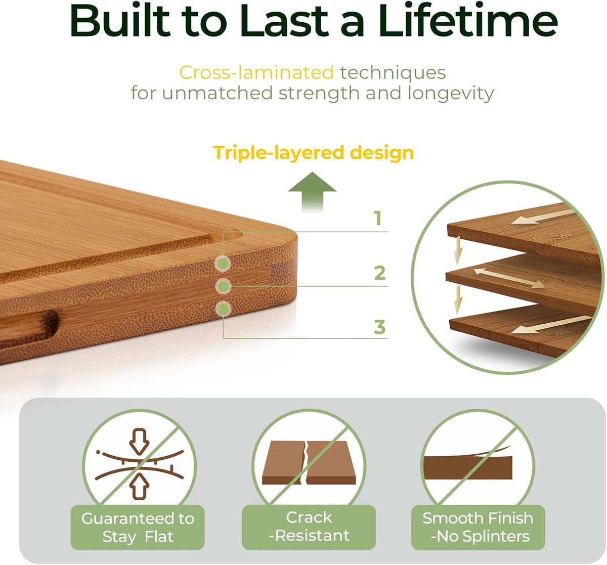 Bamboo Cutting Board, Durable Wood Cutting Boards for Kitchen with Deep Juice Grooves & Built-in