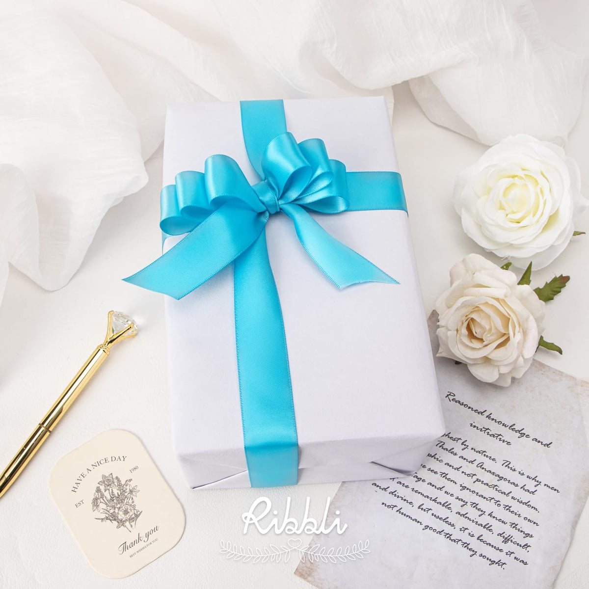 Ribbli Turquoise Blue Double Faced Satin Ribbon,1” x Continuous 25 Yards,Use for Bows Bouquet,Gift