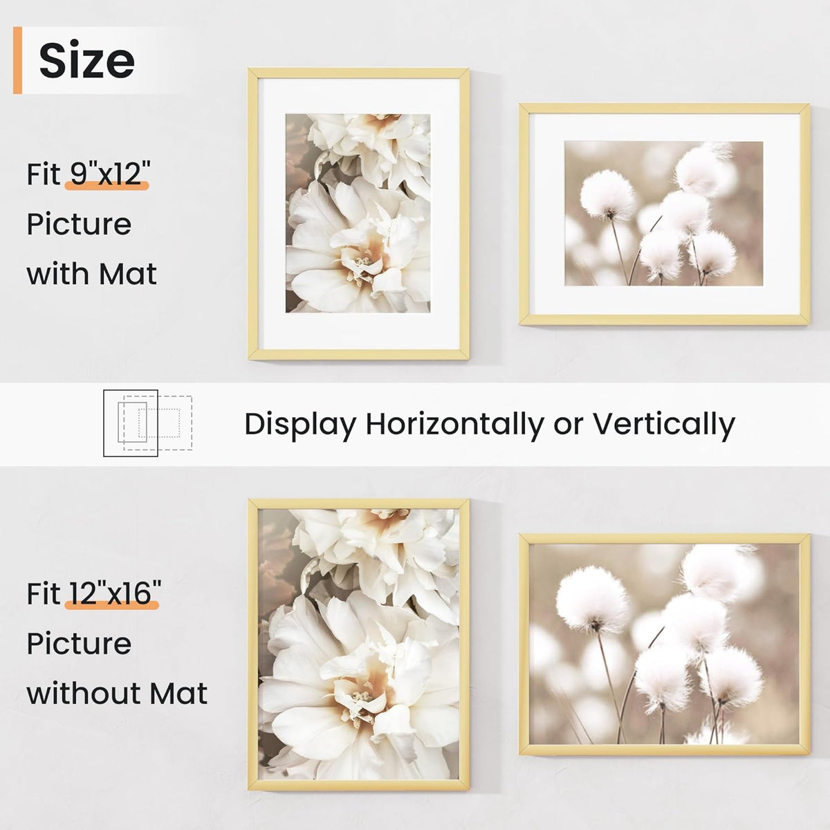 12x16 inch Picture Frame, 12x16 Photo Frames with 8.5x11 Removable Mat - High Definition Plexiglass