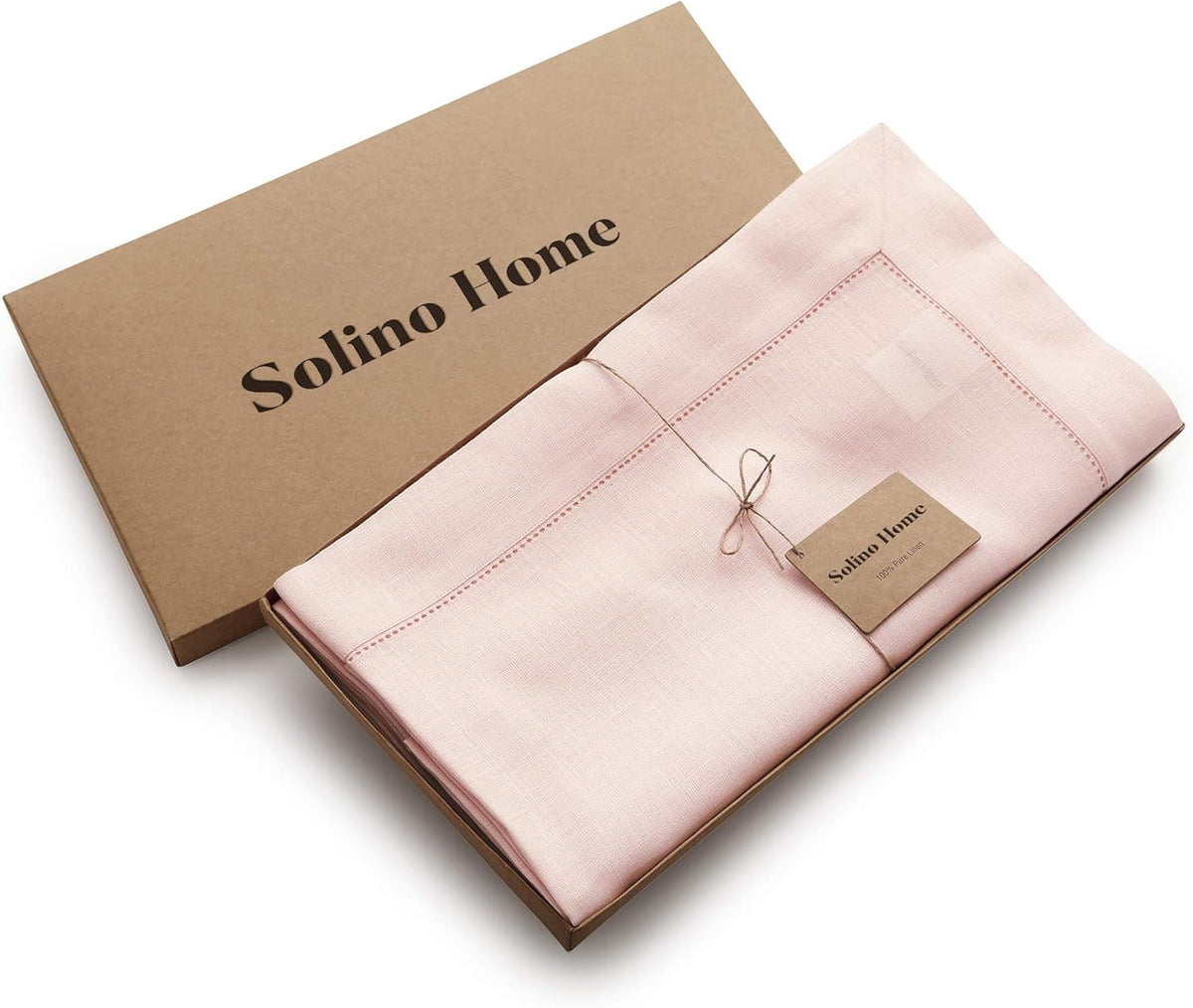 Solino Home Linen Tablecloth 60 x 108 Inch - Classic Hemstitch 100% Pure Linen Pink Table Cloth for