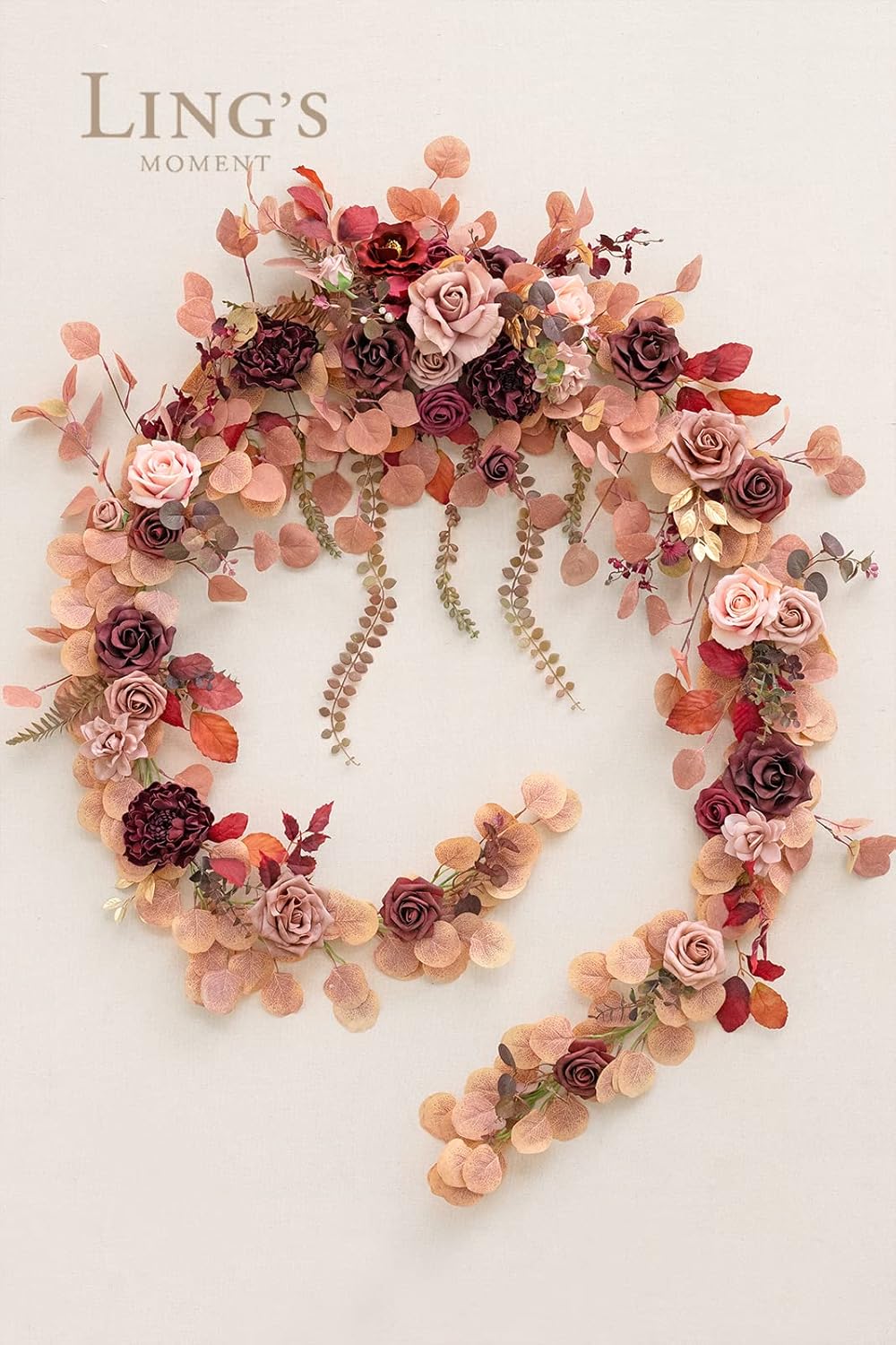 Ling's moment 9FT Eucalyptus and Willow Leaf Garland with White Flower, Handcrafted Wedding
