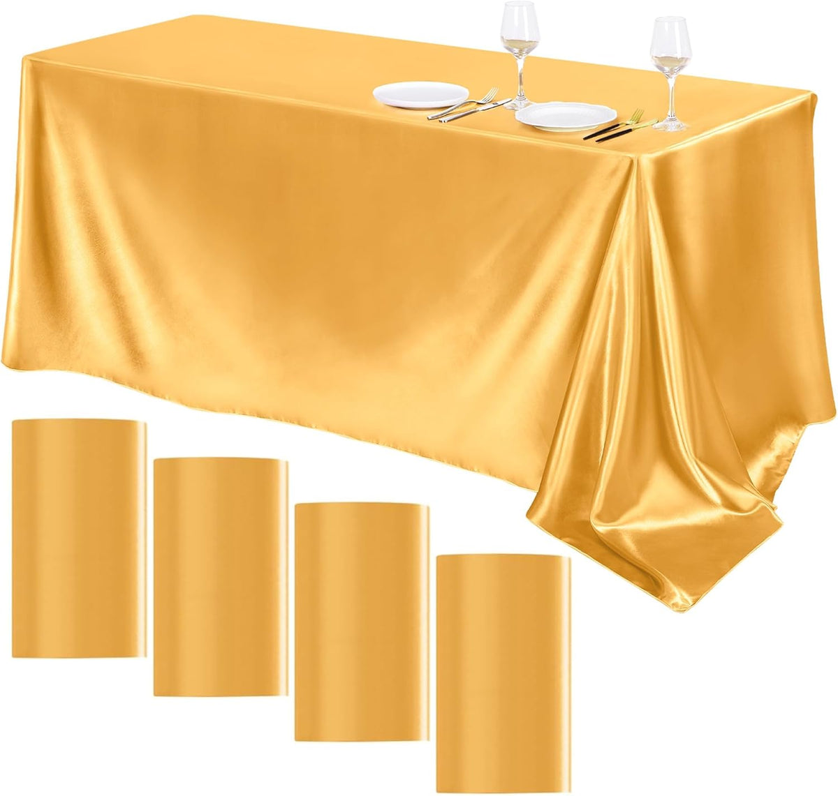 TURSTIN 4 Packs Gold Satin Tablecloth 102 x 58 Inch Overlay Satin Table Cover Rectangle Bright Silk