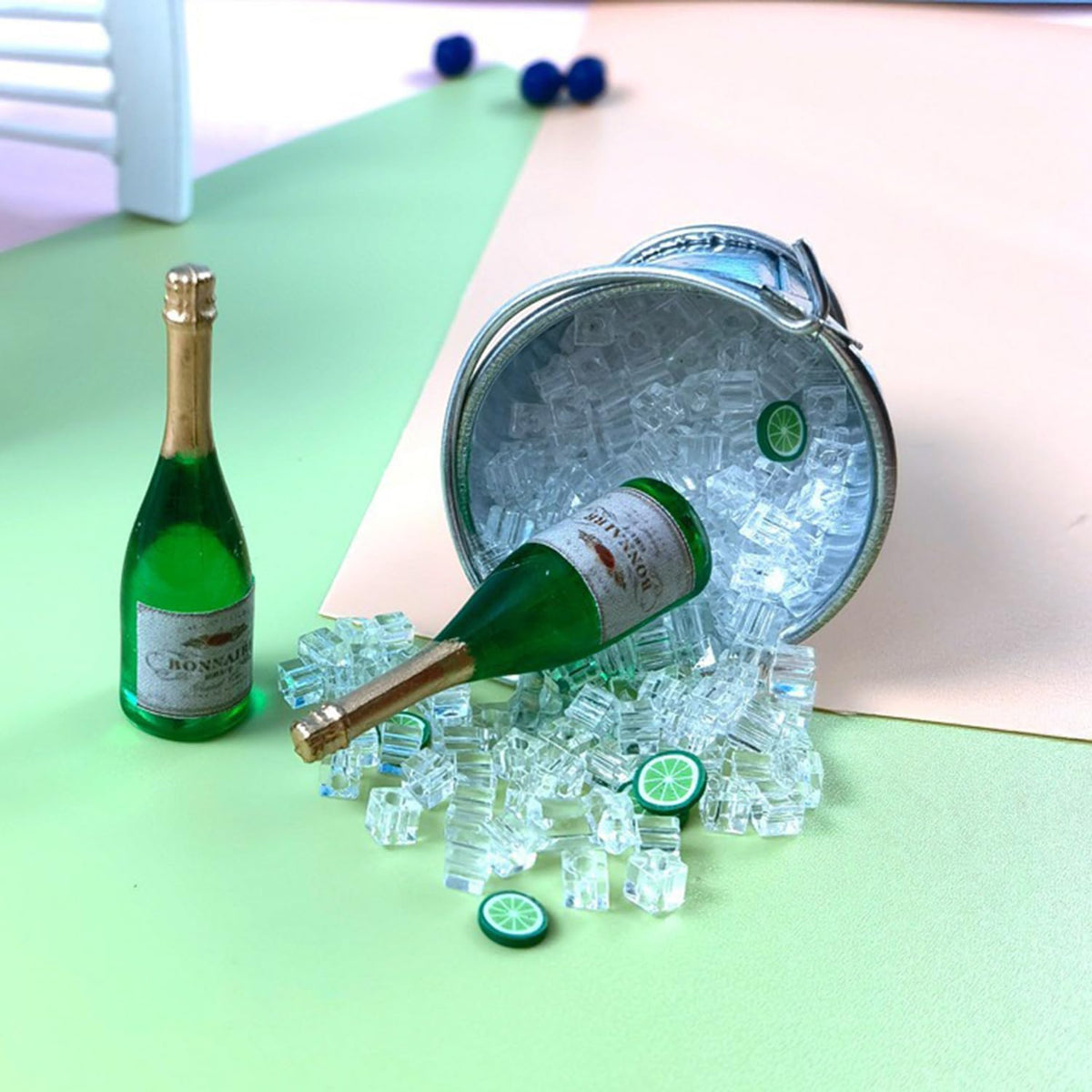 Miniature Champagne Bottle with 2 Glasses, 1:12 Dollhouse Champagne Bottle, Tiny Champagne Bottle