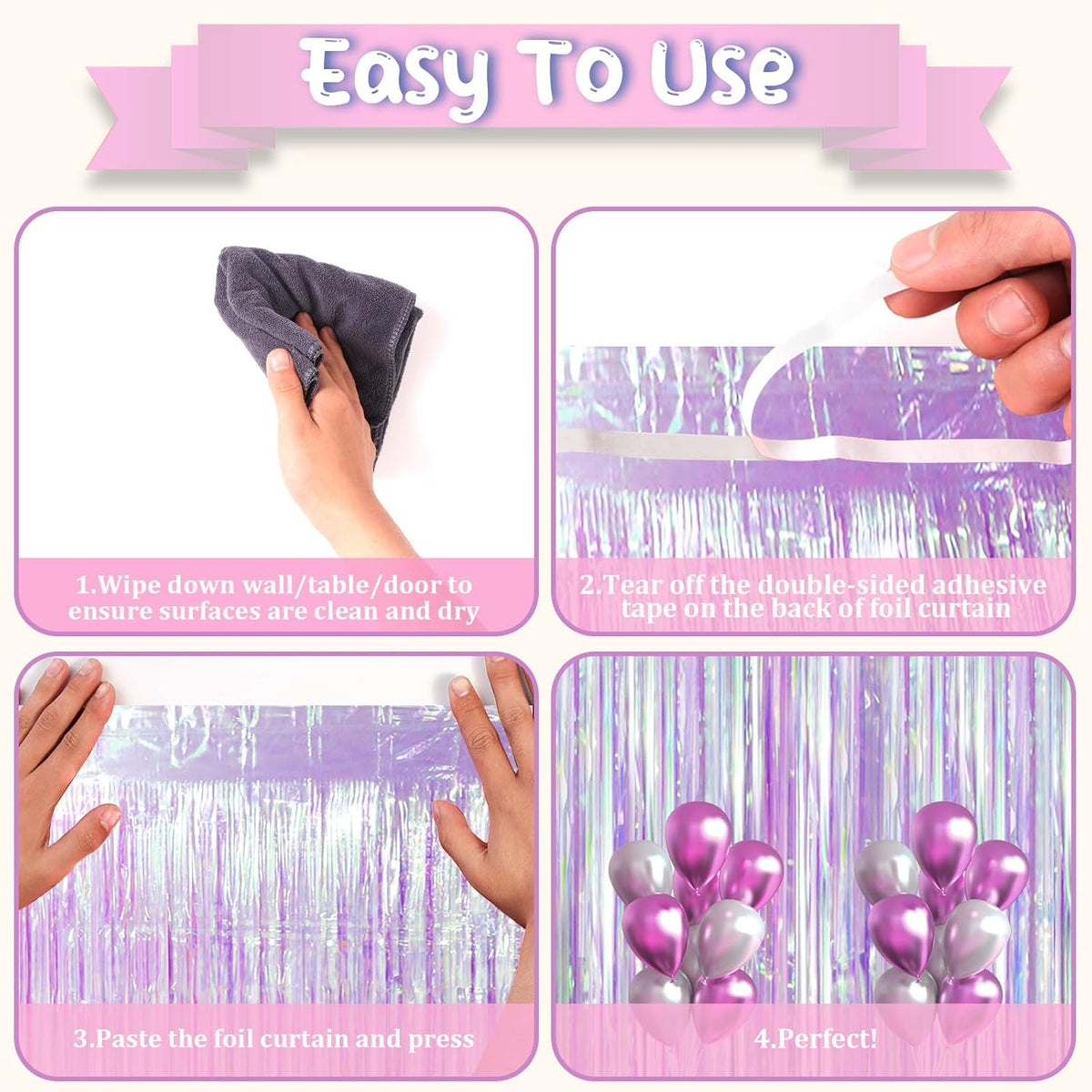 2 Pack Iridescent Purple Foil Fringe Curtains, Glittering Tinsel Streamers Party