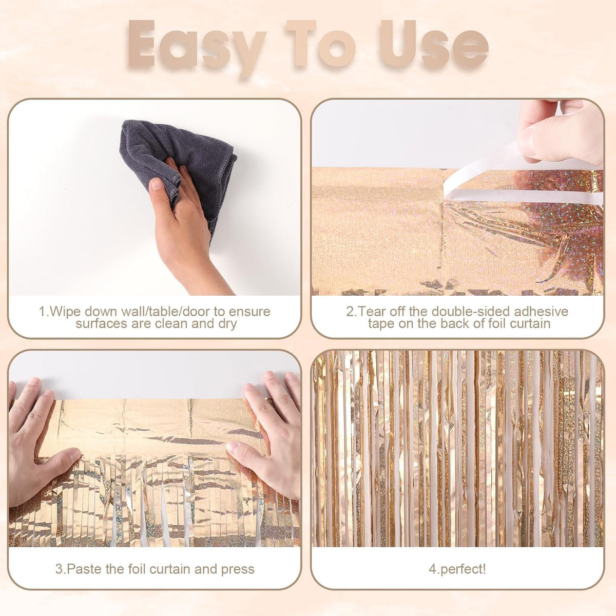 2 Pack Champagne Gold Tinsel Foil Fringe Curtains, Champagne Party Decorations, Metallic Tinsel