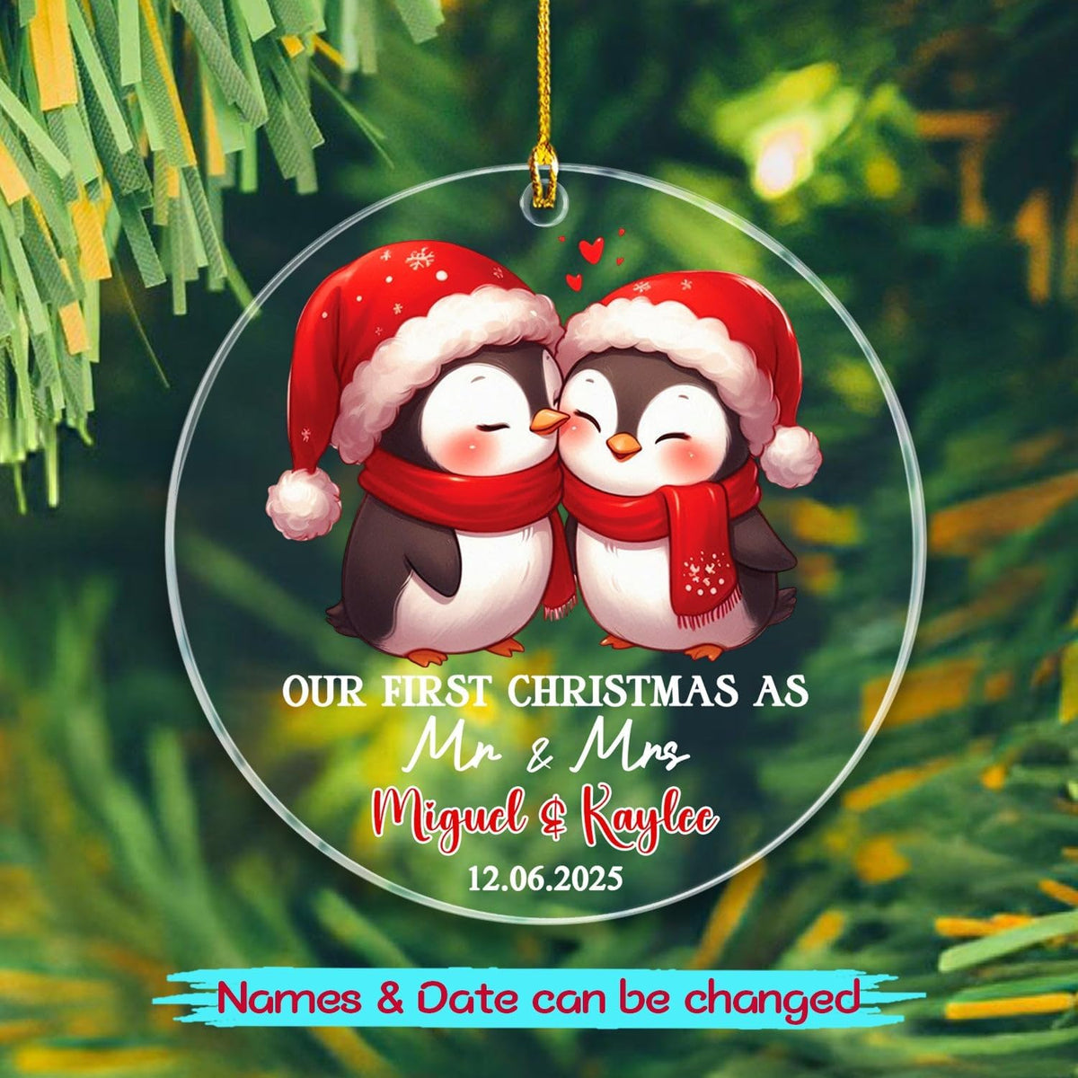 Custom 1st Christmas As Mr & Mrs Ornament Gift for Bride Groom Newlyweds, Personalized Penguin Mr &