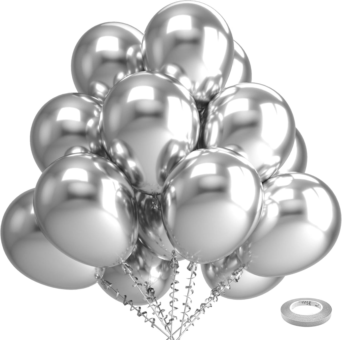 Bezente Silver Metallic Chrome Latex Balloons, 100 Pack 12 inch Silver Round Helium Balloons for