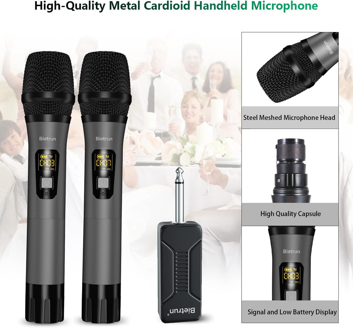 Wireless Microphone, Bietrun UHF Metal Dual Handheld Cordless Dynamic Mic System with Rechargeable